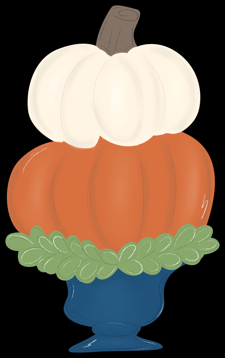 THE REDHEADED CAMEL DOUBLE STACK PUMPKINS ORANGE AND WHITE ON A BLUE URN WITH GREEN LEAVES