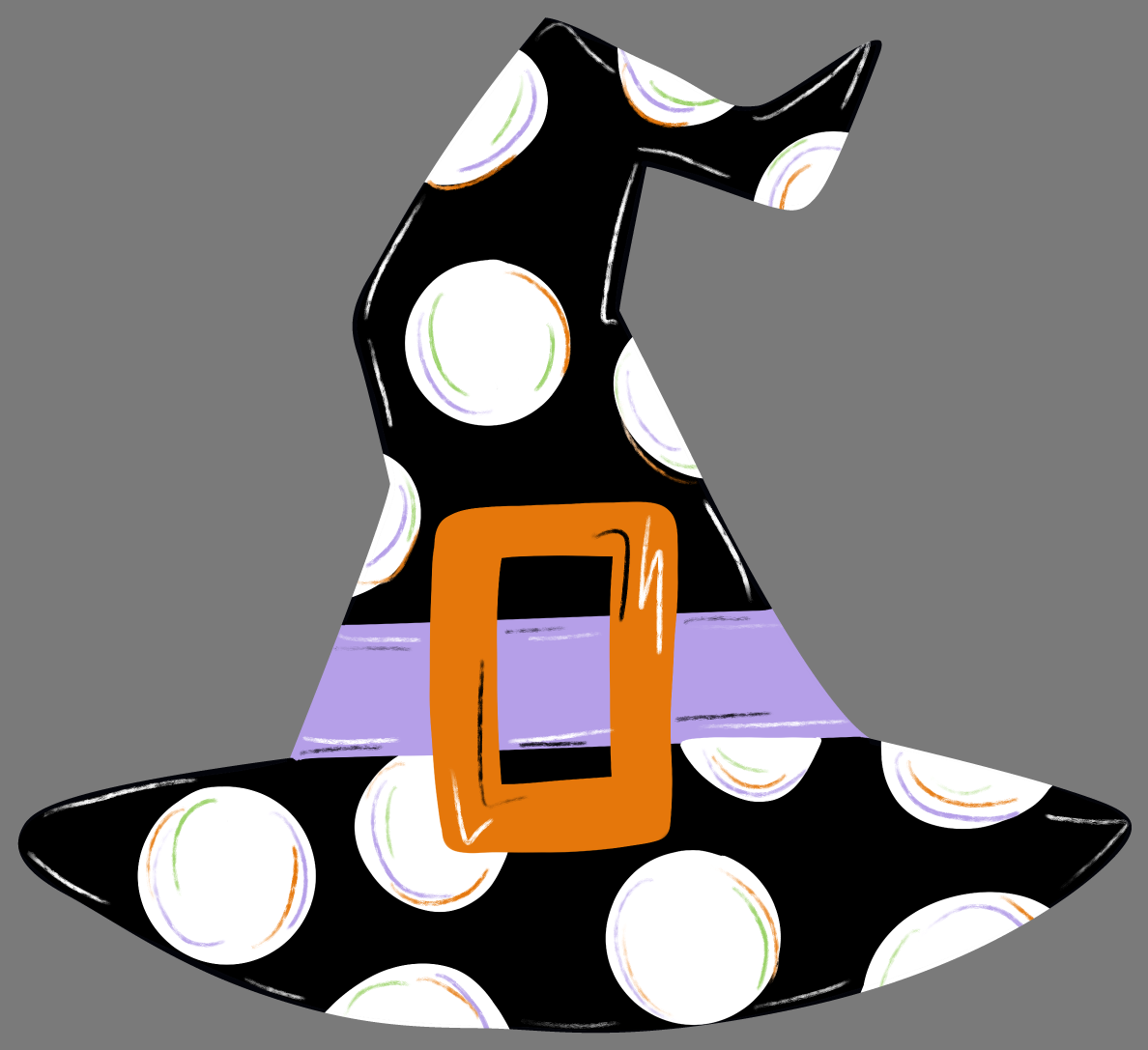 THE REDHEADED CAMEL BLACK WITCH HAT WITH WHITE CIRCLE PURPLE BAND AND ORANGE BUCKLE