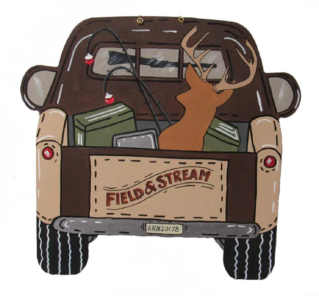Design By Line Pickup Truck MDF Cutout Field & Stream Logo With Deer Silhouette And Fishing Rods - Unfinished For DIY