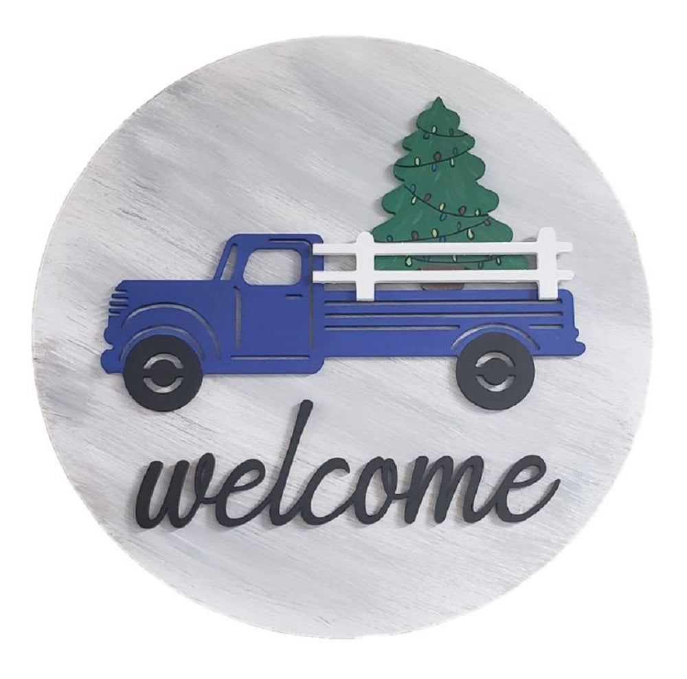 3D Round MDF Cutout With Truck, Welcome Word And Interchangeable Seasonal Shapes - Unfinished For DIY