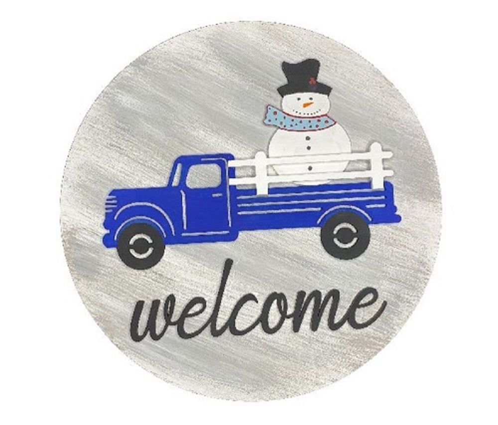 3D Round MDF Cutout With Truck, Welcome Word And Interchangeable Seasonal Shapes - Unfinished For DIY