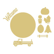 3D Interchangeable MDF Cutout Welcome Truck Scene With Pumpkin, Flower, Fireworks, Egg, Tree And Rail Of the Truck - Unfinished For DIY
