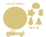 3D Round MDF Cutout With Truck, Welcome Word And Interchangeable Seasonal Shapes - Unfinished For DIY