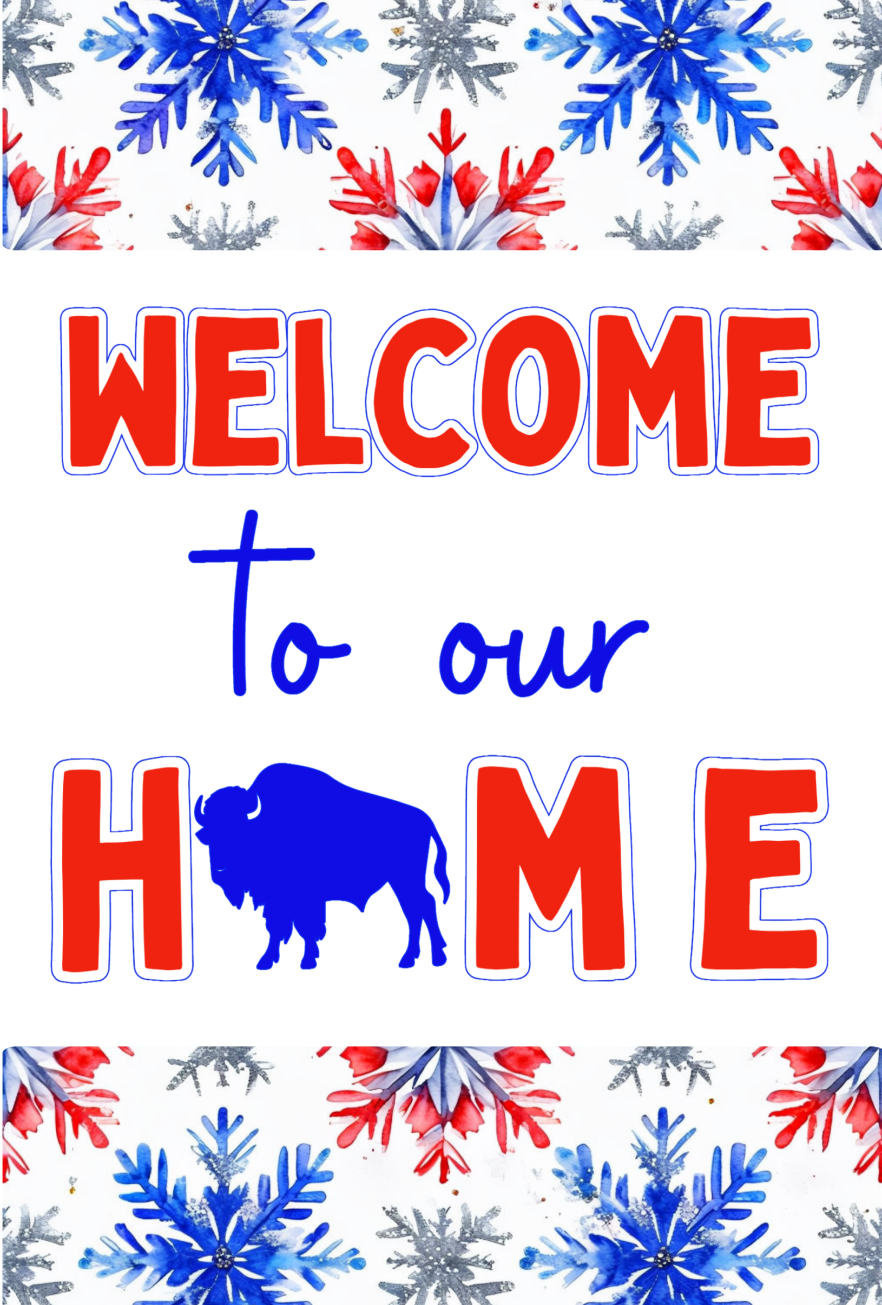 THE SHOUT SHOP WELCOME TO OUR HOME  WITH BLUE AND RED SNOWFLAKES