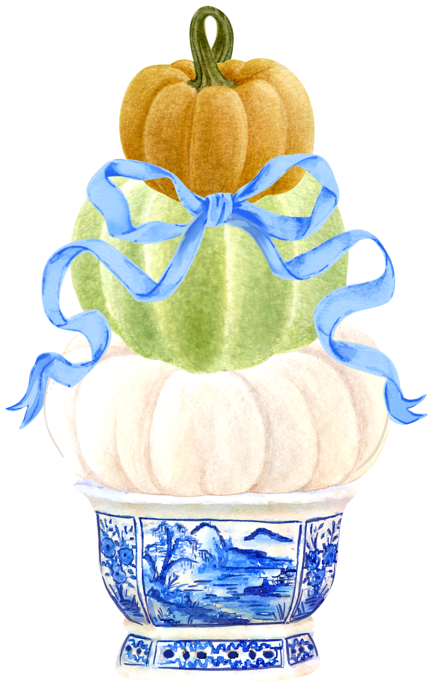 TOM TOM & CO STACKED PUMPKINS WITH BLUE RIBBON
