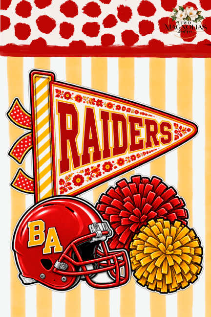 T&T SIGNS & DESIGNS RED ORANGE WHITE  RAIDERS FOOTBALL HELMENT AND POMPOMS