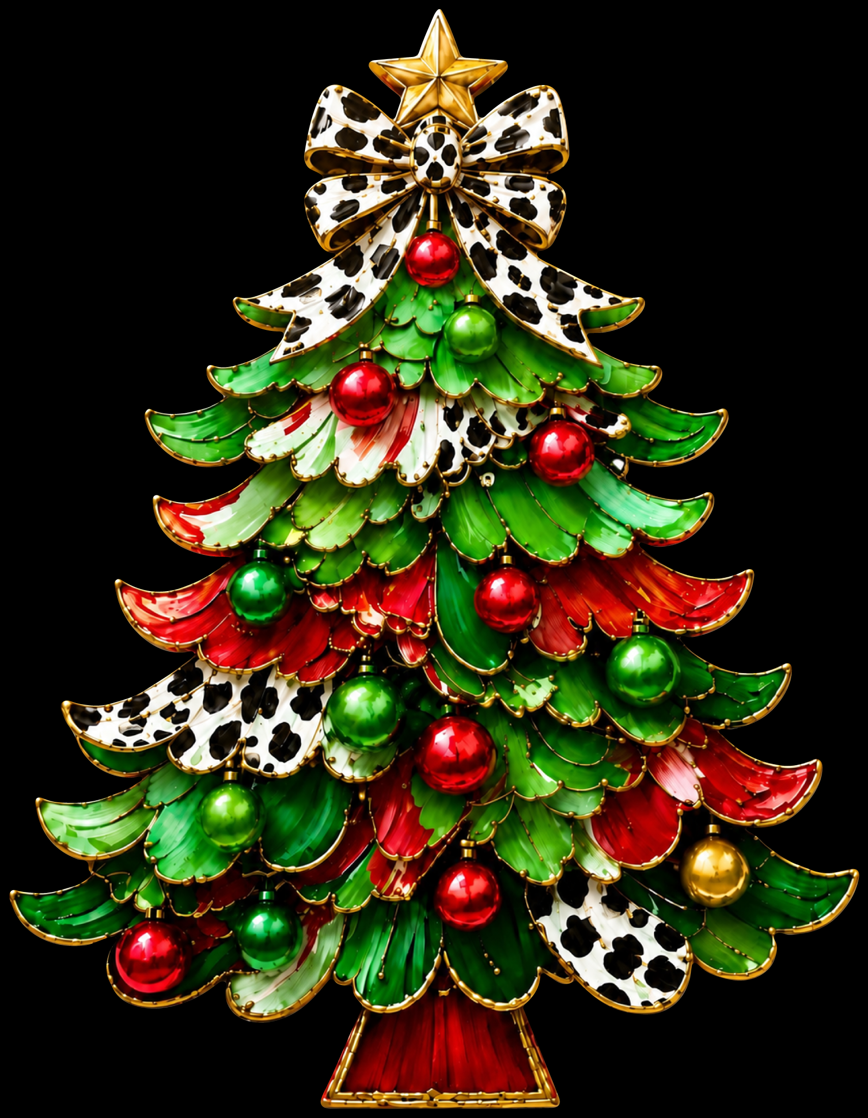 THE WOOD SHED RED GREEN CHRISTMAS TREE WITH RED AND GREEN ORNAMETS LEOPARD PRINT BOWS