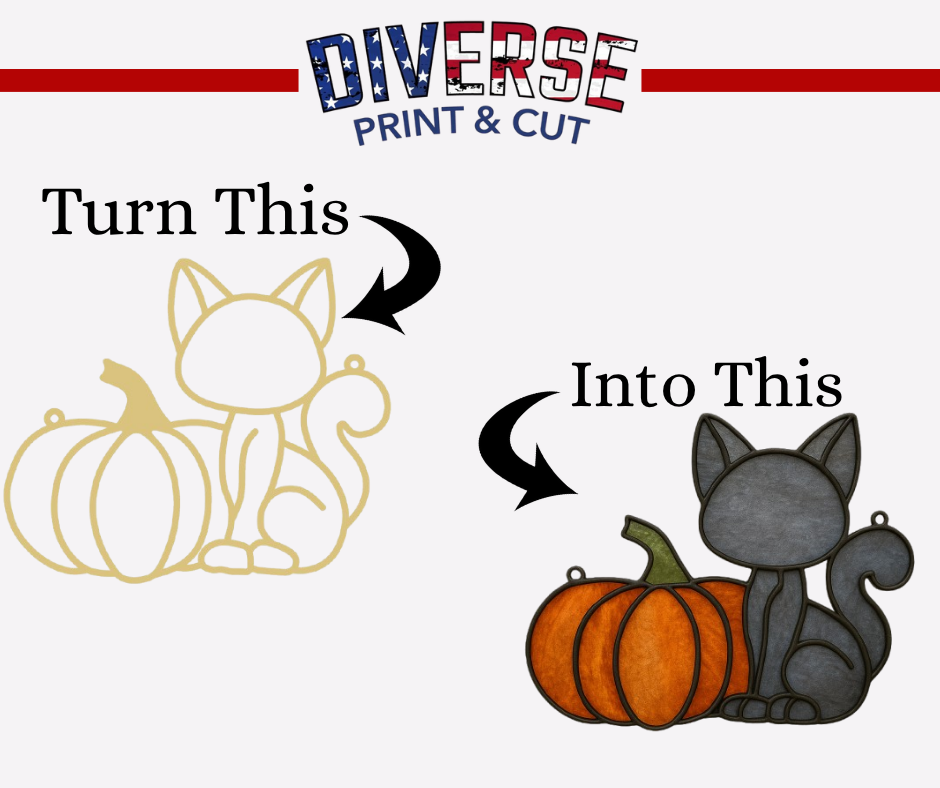 Pumpkin Unfinished Faux Stained-Glass Frame – Cute Cat with a Pumpkin Design for DIY Arts & Crafts Suncatcher | No Sanding Required | 1/4" Smooth MDF Cutout | Laser Cut Window or Shelf Décor | Glass Filler Art, Resin & Crushed Glass Art Project