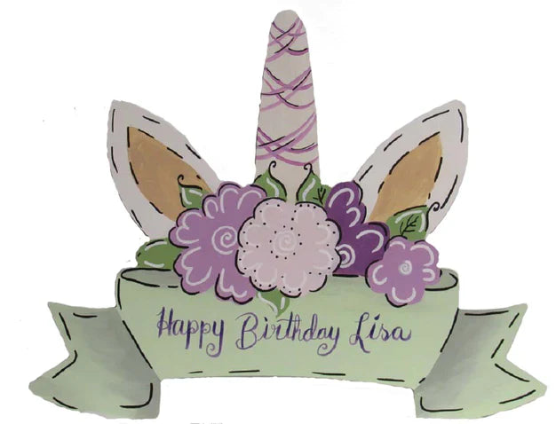 Design By Line Unicorn Head MDF Cutout Floral Bouquet With Banner - Unfinished For DIY