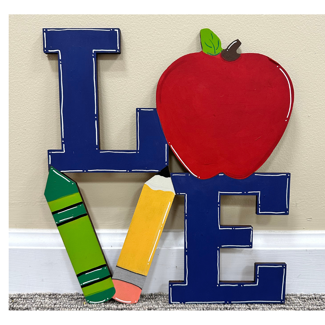 Basic Shape Love MDF Cutout With Apple And Pencils - Unfinished For DIY