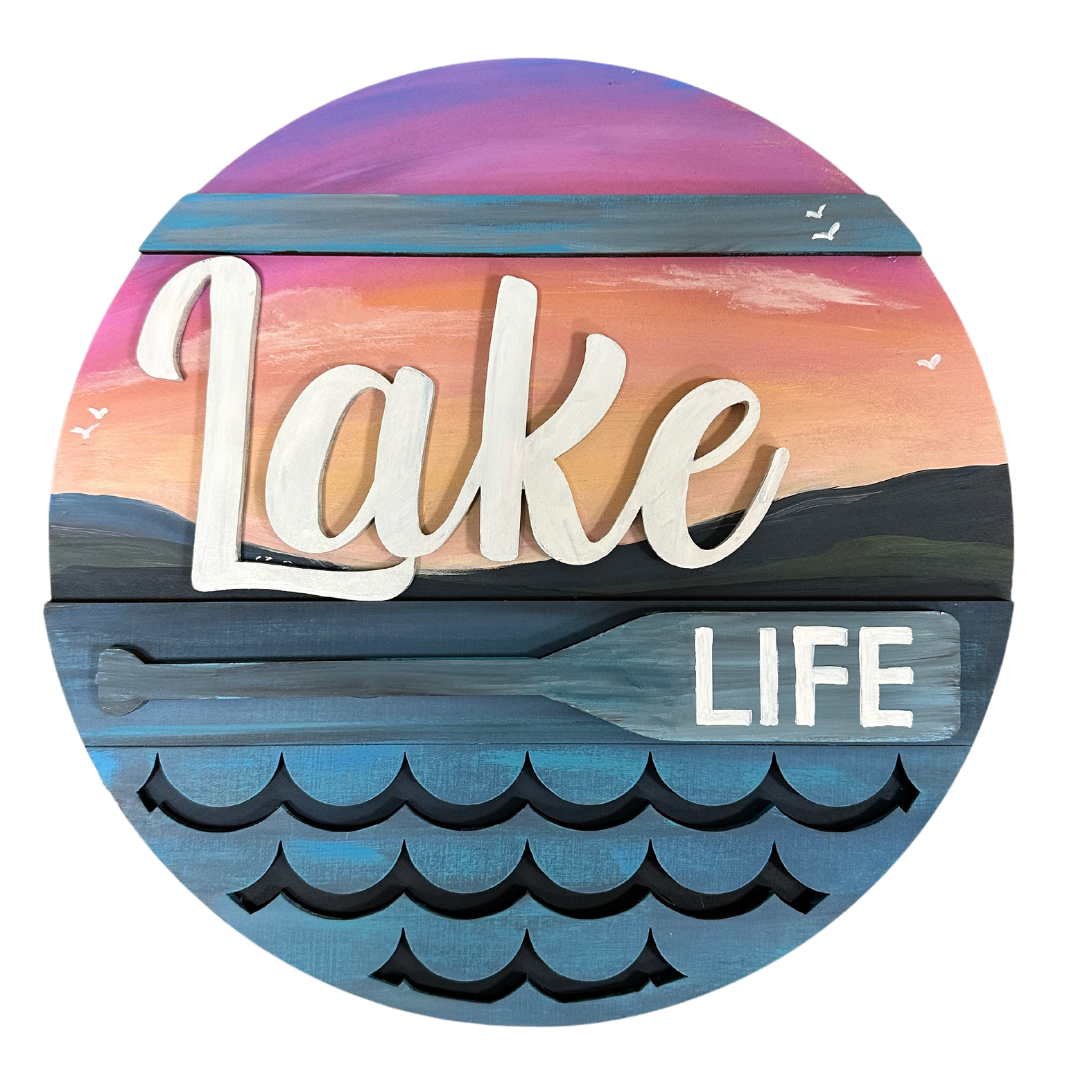 3D Round MDF Cutout Lake Life Paddle And Waves - Unfinished For DIY