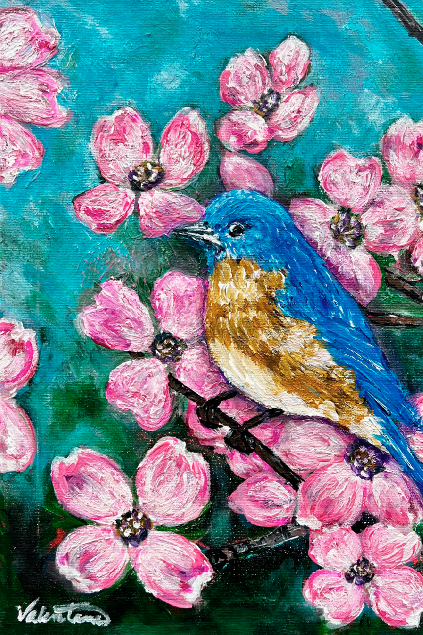 VALENTINE FINE ART BLUEBIRD WITH PINK FLOWERS