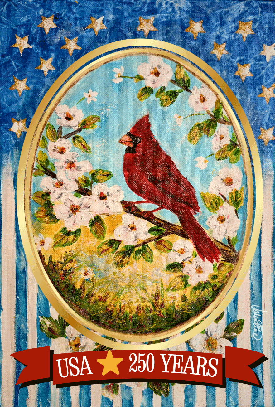 VALENTINE FINE ART USA 250 YEARS CARDINAL WITH FLOWERS