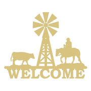 Basic Shape Windmill MDF Cutout Welcome Farm Scene With Cow And Rider On Horseback - Unfinished For DIY