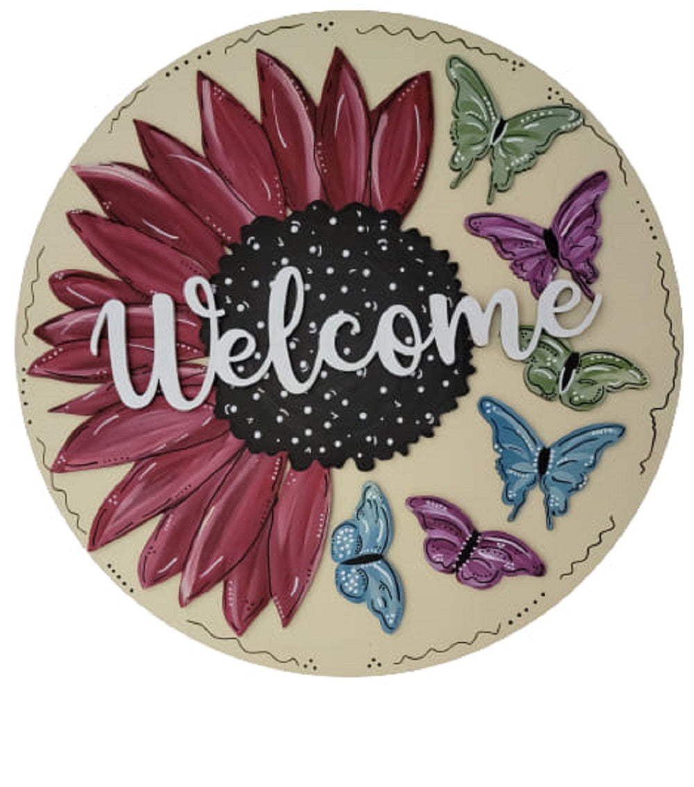 3D Round MDF Cutout Welcome Sunflower With Butterflies - Unfinished For DIY