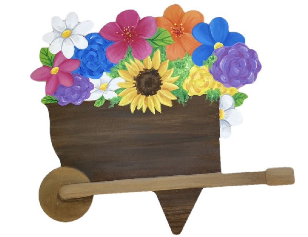 Basic Shape Wheelbarrow MDF Cutout With Flowers - Unfinished For DIY
