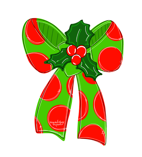 WAYWARD WHIMSY GREEN RIBBON WITH RED DOTS AND HOLLY