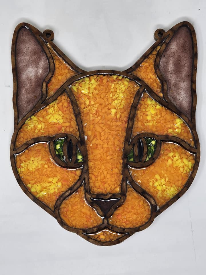 Faux Stained Glass Cat MDF Cutout Head Silhouette - Unfinished For DIY