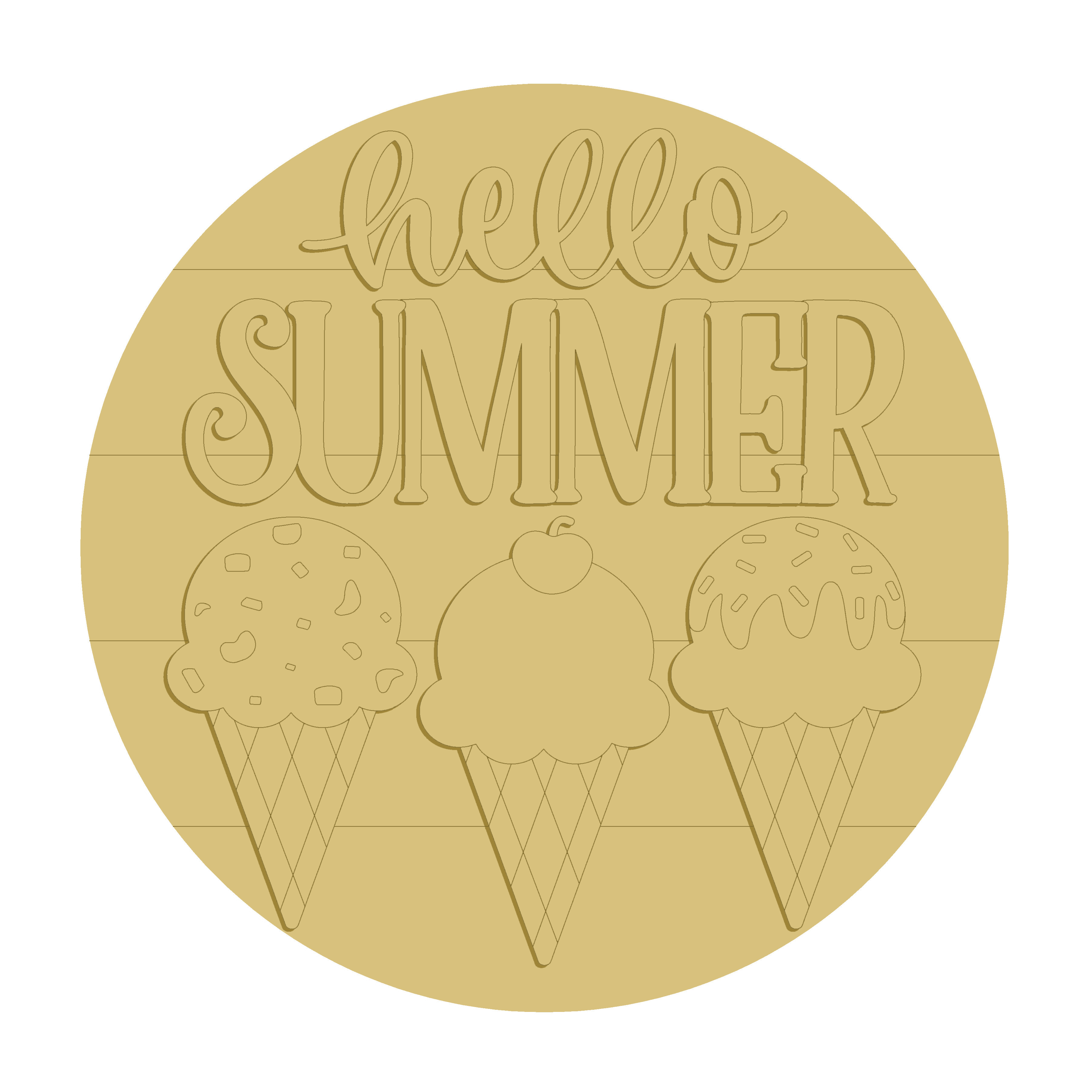 3D Round MDF Cutout Hello Summer Ice Cream Cones - Unfinished For DIY