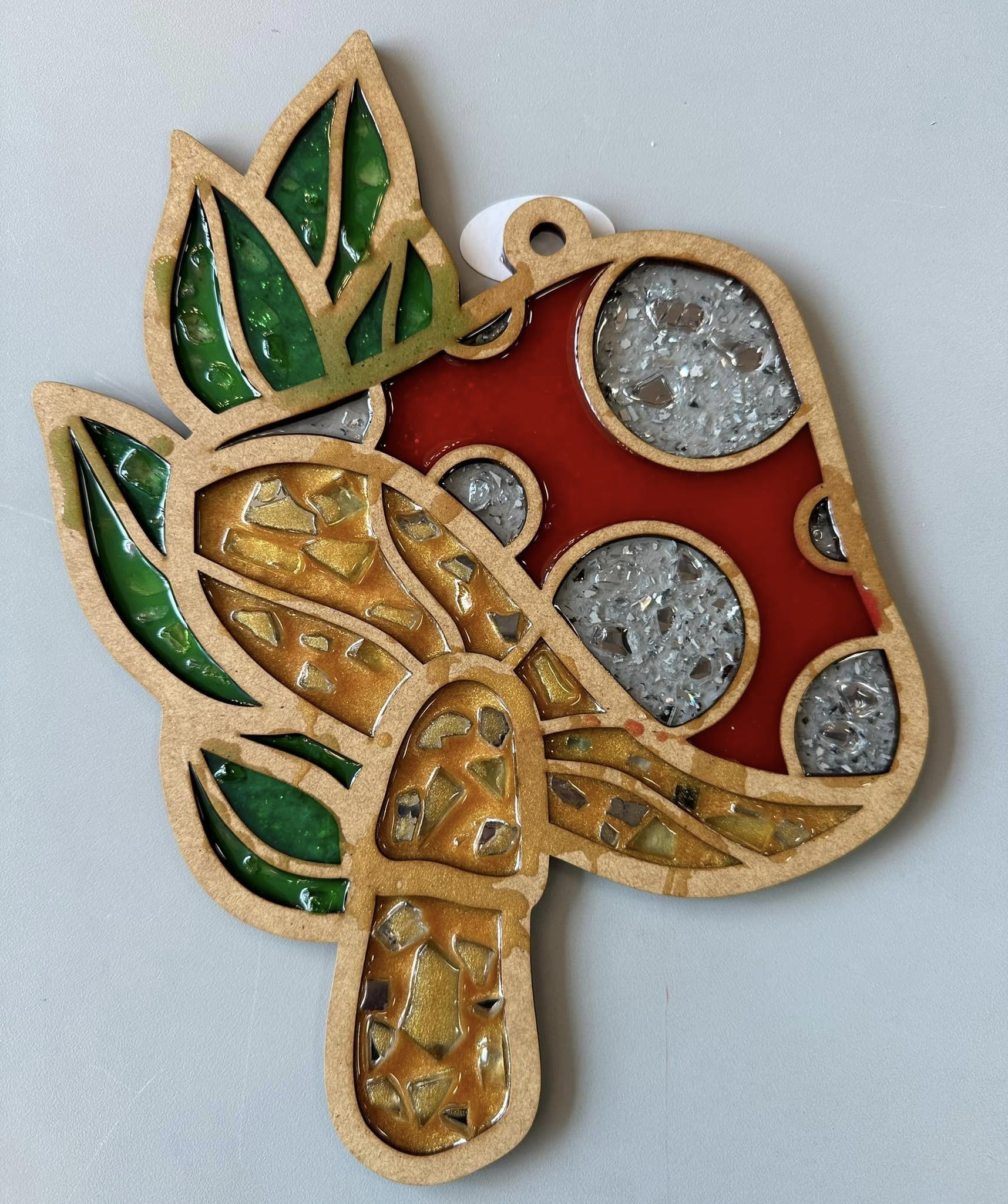 Faux Stained Glass Laser Cut MDF Cutout Mushroom With Leaf Accents And Dotted Cap - Unfinished For DIY