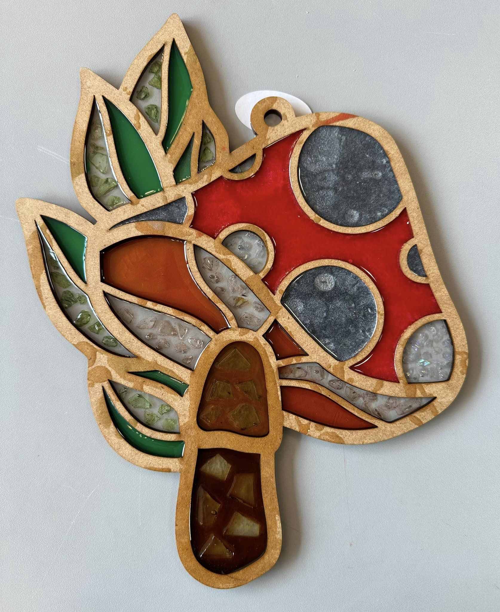 Faux Stained Glass Laser Cut MDF Cutout Mushroom With Leaf Accents And Dotted Cap - Unfinished For DIY