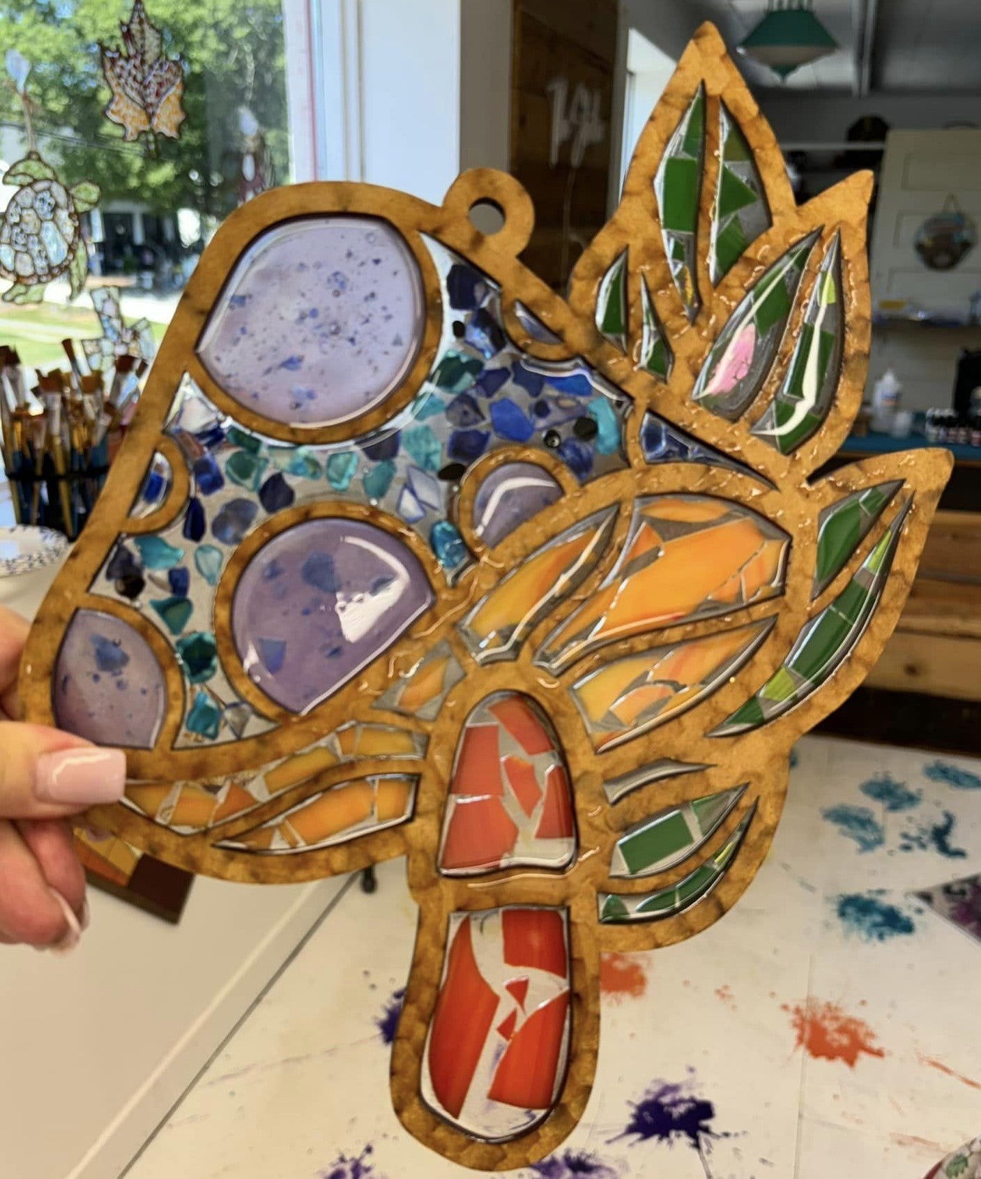 Faux Stained Glass Laser Cut MDF Cutout Mushroom With Leaf Accents And Dotted Cap - Unfinished For DIY