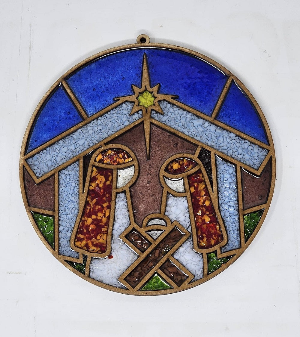 Faux Stained Glass Laser Cut Round MDF Cutout Nativity Scene - Unfinished For DIY