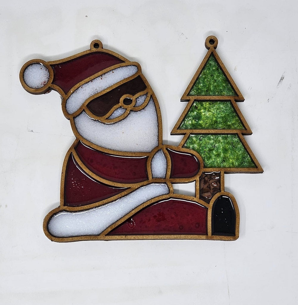 Faux Stained Glass Laser Cut Sitting Santa MDF Cutout With Christmas Tree - Unfinished For DIY