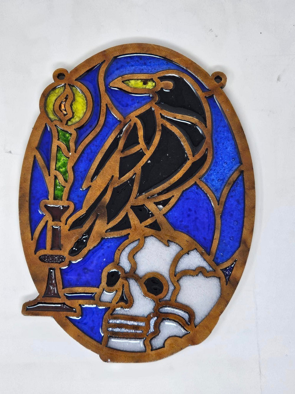 Faux Stained Glass Laser Cut Oval MDF Cutout Skull, Candle, Crow - Unfinished For DIY