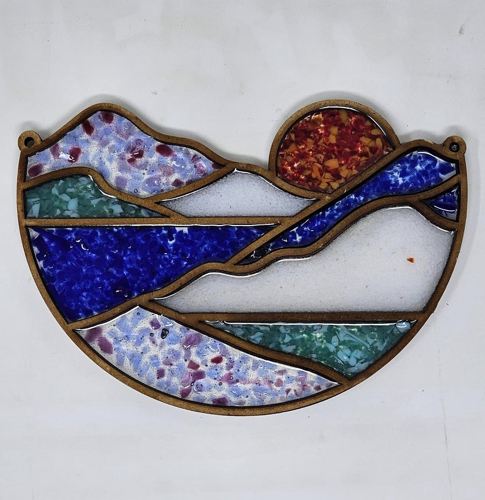Faux Stained Glass Laser Cut Half Circle MDF Cutout Sunset Landscape - Unfinished For DIY