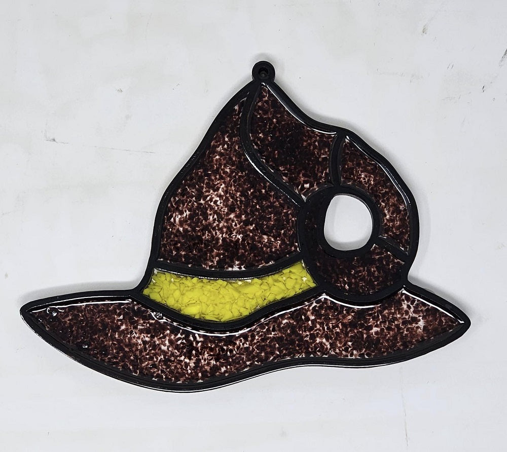 Faux Stained Glass Laser Cut MDF Cutout Witch Hat Silhouette With Band And Circular Accent - Unfinished For DIY